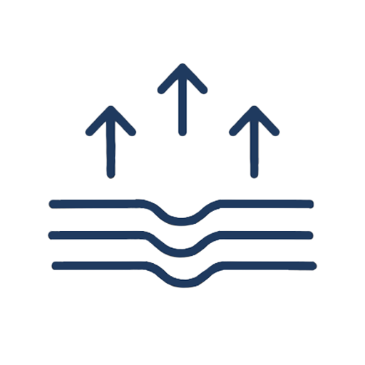 Icon of three arrows pointing upwards over two horizontal lines on a white background implying skin elasticity