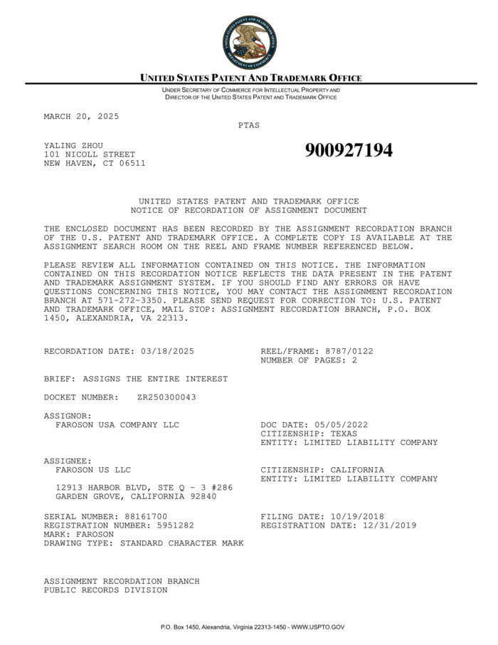 United States Patent and Trademark Office document for Faroson