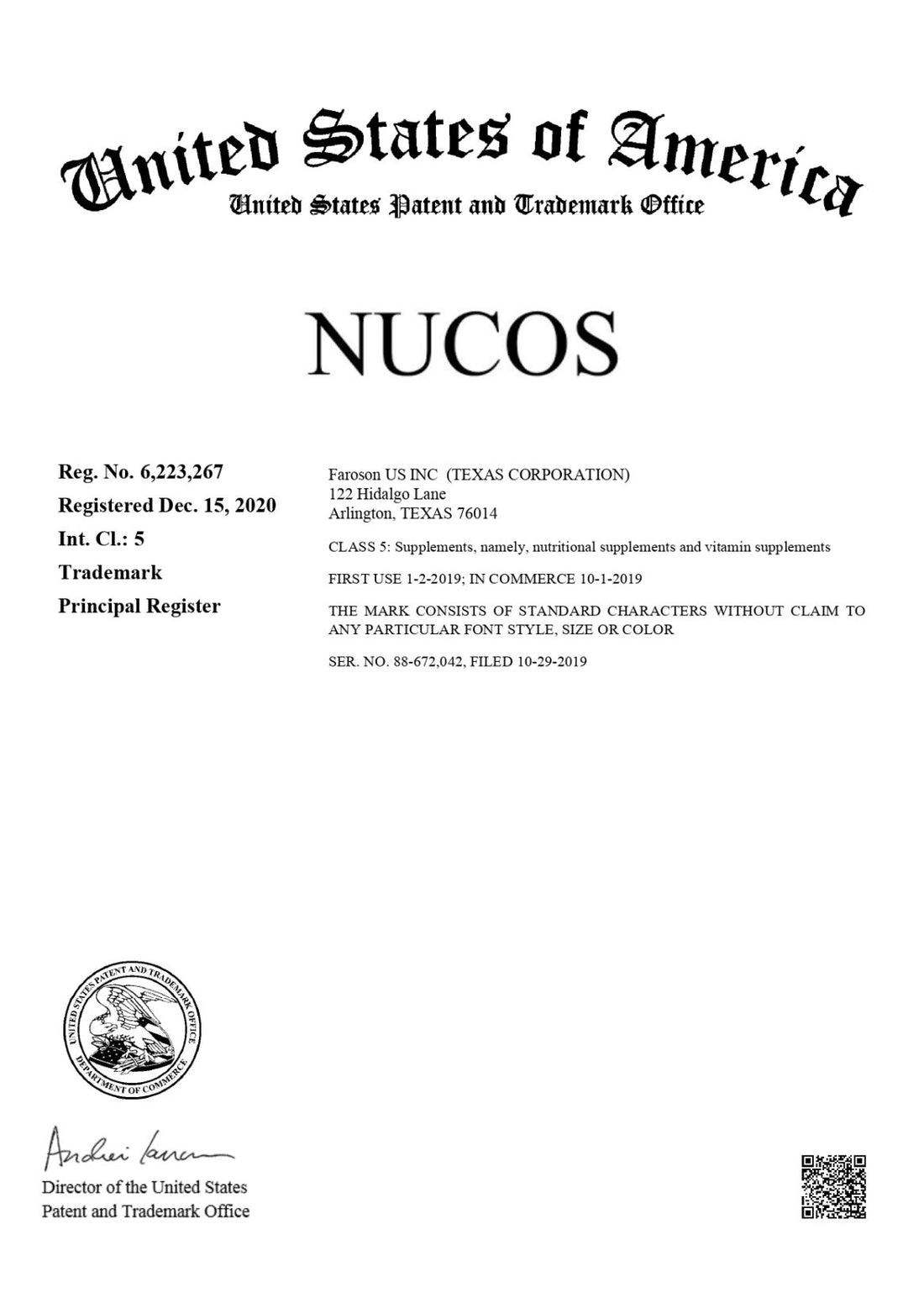 United States Patent and Trademark Office document for NUCOS brand registration.