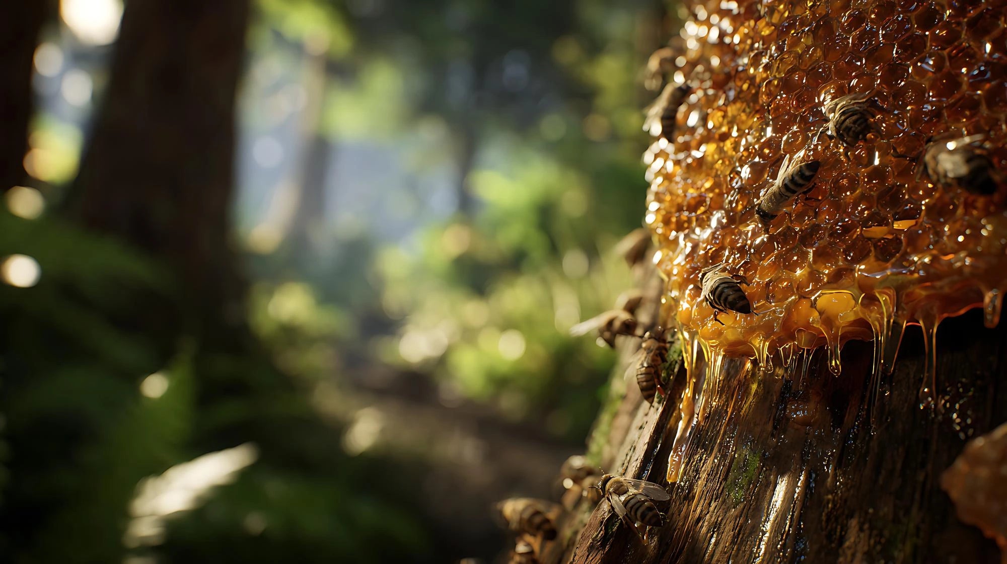 Honeycomb with bees on a tree trunk in a forest setting